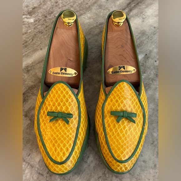 Belgian Shoes Midinette Yellow Snake Embossed Green Leather Trim Loafers 5.5